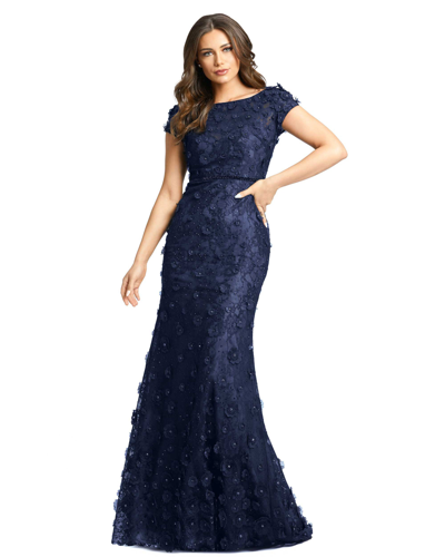 Mac Duggal Floral Applique Boat Neck Short Sleeve Gown In Midnight