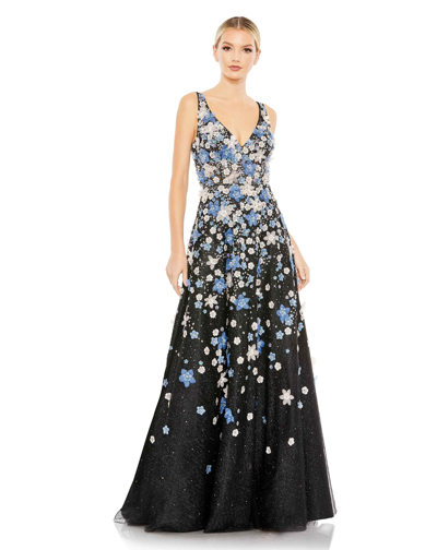 Mac Duggal Floral Applique Sleeveless A-line Evening Gown In Black Multi
