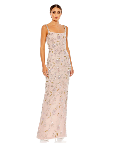 Mac Duggal Floral Beaded Square Neck Column Gown In Rose