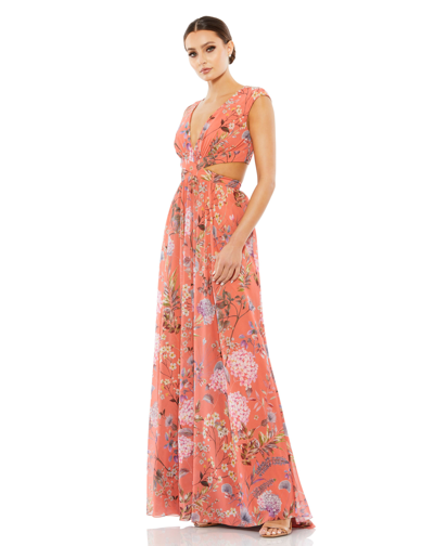 Ieena For Mac Duggal Cut Out Cap Sleeve V Neck Gown In Coral