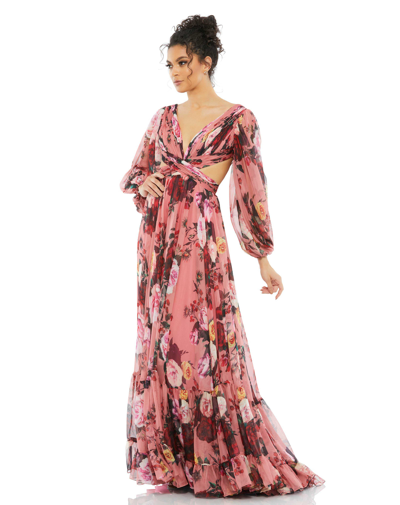 Ieena For Mac Duggal Floral Cutout Open Back Blouson Sleeve Dress In Rose Multi