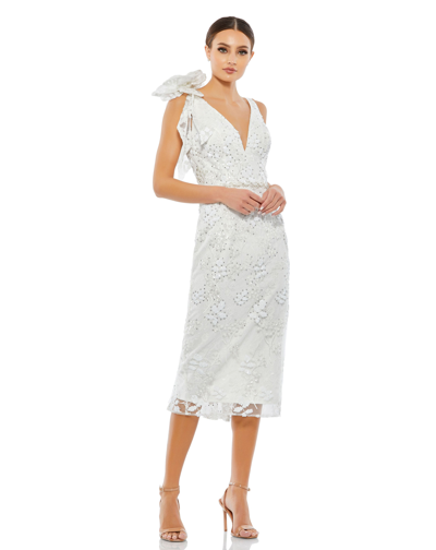 Mac Duggal Floral Embellished Beaded V-neck Midi Dress In White