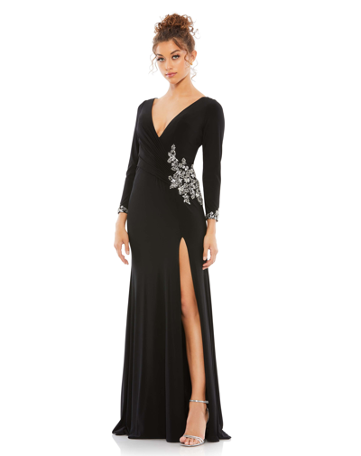 Ieena For Mac Duggal Plunging Long-sleeve Bead-embellished Jersey Gown In Black