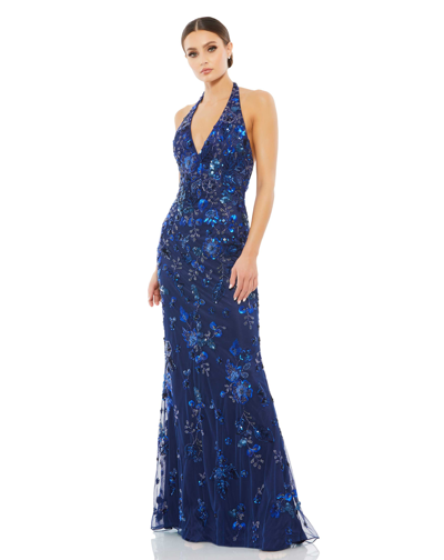 MAC DUGGAL NAVY FLORAL EMBELLISHED HALTER GOWN