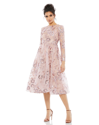Mac Duggal Floral Embellished Long Sleeve A-line Dress In Rose Pink