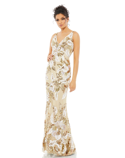 Mac Duggal Floral Embellished Sequined Gown In Nude