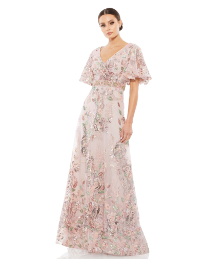 MAC DUGGAL PINK FLORAL EMBELLISHED SHORT SLEEVE GOWN