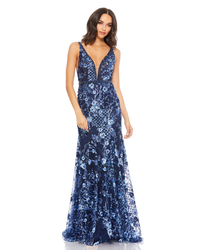 Mac Duggal Floral Embellished Sleeveless Plunge Neck Gown In Blue
