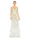 Mac Duggal Floral Embellished Sleeveless V Neck A Line Gown In White Multi