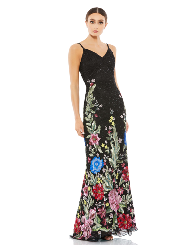 Mac Duggal Floral Embellished Spaghetti Strap Gown In Black Multi