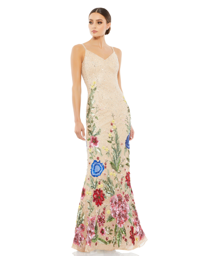Mac Duggal Floral Embellished Spaghetti Strap Gown In Nude Multi