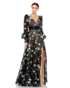 Mac Duggal V-neck Bishop Sleeve Gown With Beaded Cummerbund And Thigh-high Slit In Black