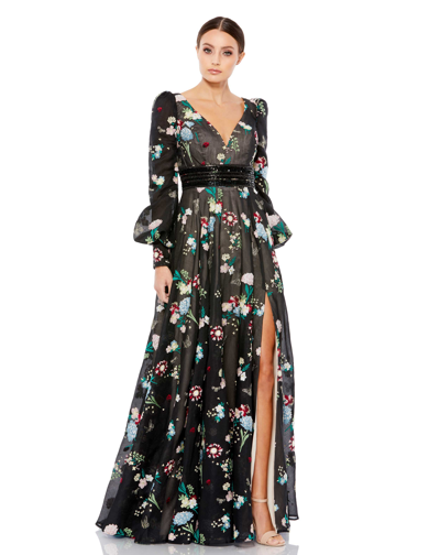 MAC DUGGAL BLACK EMBROIDERED BISHOP SLEEVE V NECK FLOWY GOWN