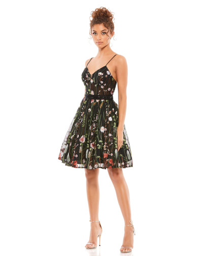 Mac Duggal Floral Embroidered Bustier A-line Dress In Black Multi