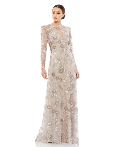 Mac Duggal Floral Embroidered Illusion Long Sleeve Evening Gown In Beige