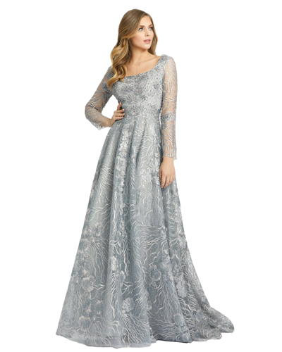 Mac Duggal Floral Embroidered Long Sleeve Square Neck Gown In Dove Gray
