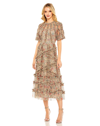 Mac Duggal Floral Flutter Sleeve Ruffle Mesh A-line Dress In Beige Multi