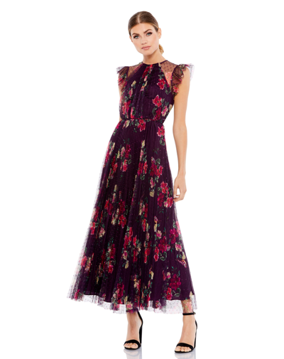 Ieena For Mac Duggal Floral Flutter Sleeve Midi Dress In Plum Multi