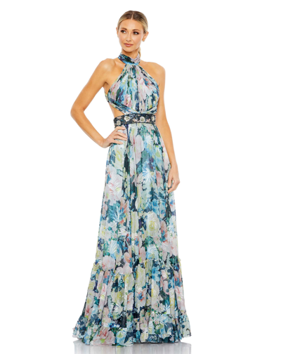 Ieena For Mac Duggal Floral Halter A Line Gown W/ Cutouts And Embellished Belt In Pastel/multi
