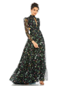Mac Duggal Floral Chiffon High-neck Gown With Sheer Puff Sleeves And Lace-up Cutouts In Black Floral