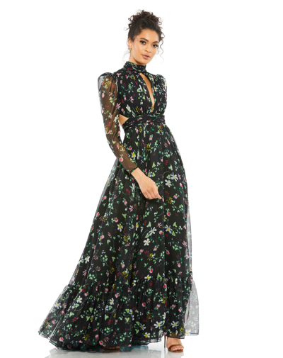 MAC DUGGAL BLACK FLORAL HIGH NECK PUFF SLEEVE GOWN