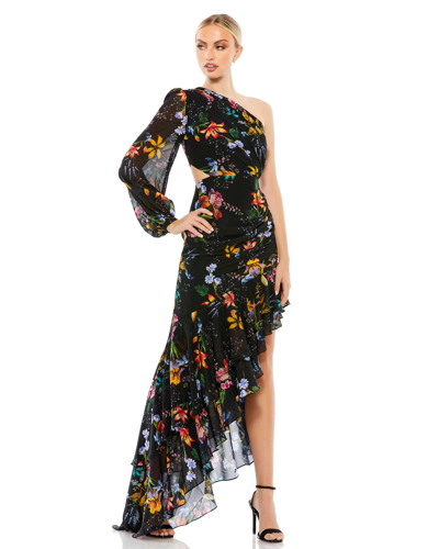 Ieena For Mac Duggal One Shoulder Cut Out Asymmetrical Ruffle Gown In Black Multi