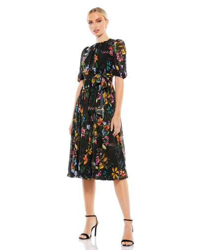 Ieena For Mac Duggal Floral Pattern High Neck Belted Midi Dress In Black Multi