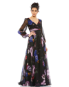 MAC DUGGAL FLORAL PRINT CHIFFON LONG SLEEVE MAXI DRESS