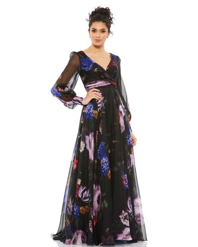 Mac Duggal Floral Print Pleated Wrap Over Illusion Long Sleeve Dress In Black Multi