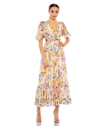 MAC DUGGAL FLORAL PRINT CHIFFON PUFF SLEEVE TIERED HEM DRESS