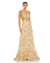 MAC DUGGAL FLORAL PRINT CUT-OUT LACE UP TIERED GOWN