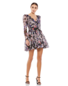 Mac Duggal Floral Print Faux Wrap Illusion Long Sleeve Mini Dress In Black Multi