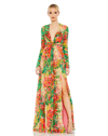 Ieena For Mac Duggal Floral Print Front Twist V Neck Long Sleeve Gown In Green Multi