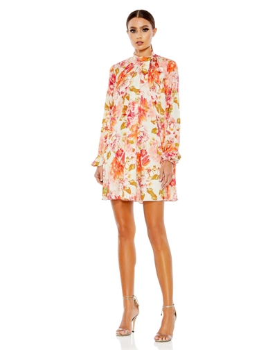 Ieena For Mac Duggal Floral Print High Neck Tie Puff Sleeve Flowy Mini Dress In Pink/multi