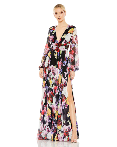 Ieena For Mac Duggal Floral Print Illusion Long Sleeve V Neck Gown In Black Multi