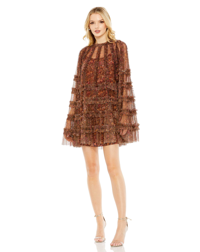 Mac Duggal Floral Print Long Flare Sleeve Mesh A-line Dress In Brown