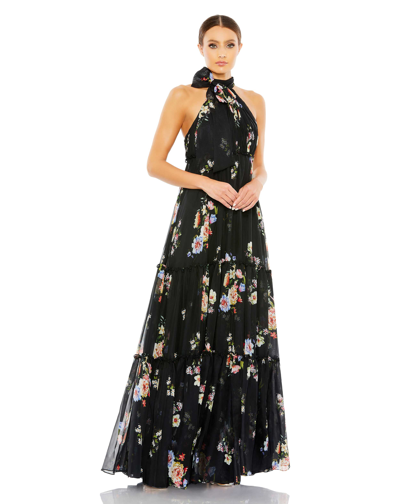 Ieena For Mac Duggal Floral Print Ruched Tiered High Neck Bow Gown In Black Multi