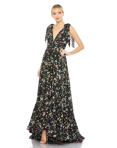 Mac Duggal Floral Print Soft Tie Sleeveless Tiered Gown In Black Multi