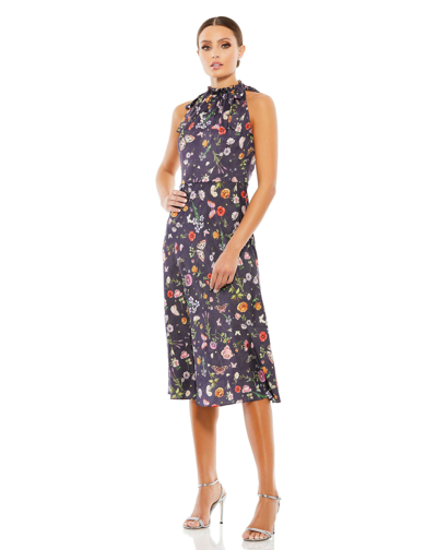 Ieena For Mac Duggal Floral Print Ruched Halter Tie Neck Midi Dress In Plum Floral