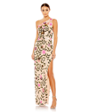Mac Duggal Floral Sequined One Shoulder Column Gown In Nude Multi