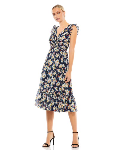Ieena For Mac Duggal Flowy Floral Print V Neck Cap Sleeve Midi Dress In Navy/multi