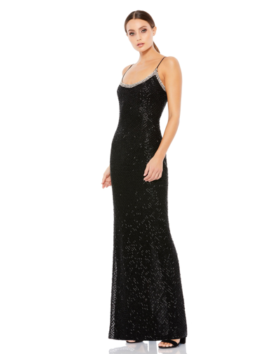 Mac Duggal Beaded Spaghetti Strap Column Gown In Black