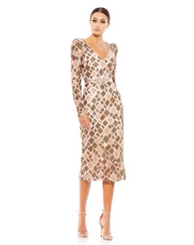 Mac Duggal Brown Geo Embellished Midi Sheath Dress In Multi