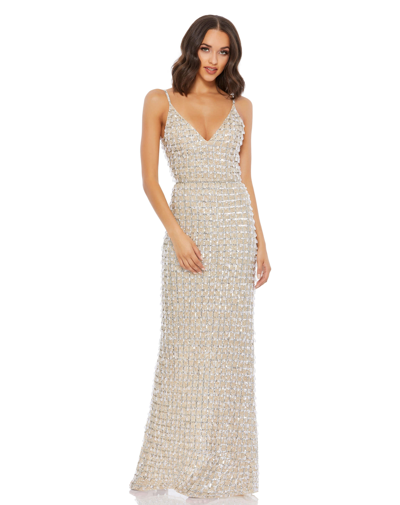 Mac Duggal Geometric Embellished Crystal Drop V-neck Gown In White