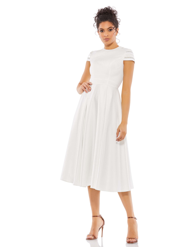 Mac Duggal Navy High Neck Cap Sleeve Tea Length Dress In Us 4