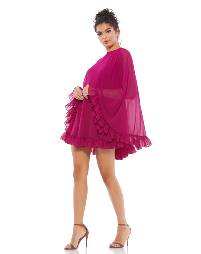 Ieena For Mac Duggal High Neck Ruffle Hem Cape Mini Dress In Pink