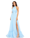 Mac Duggal High Neck Tiered Chiffon Halter Gown In Sky Blue