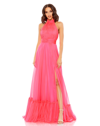 Mac Duggal High Neck Tiered Chiffon Halter Gown In Hot Pink
