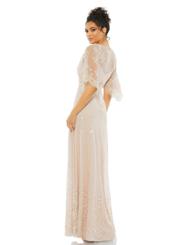 Mac Duggal Illusion Flounce Sleeve Embellished Dress In Blush