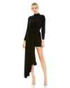 Ieena For Mac Duggal Jersey High Neck Asymmetrical Draped High Low Dress In Black
